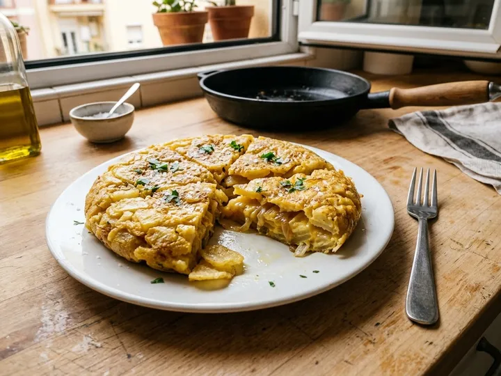 Ilustración de marca de una sartén con una tortilla de patatas