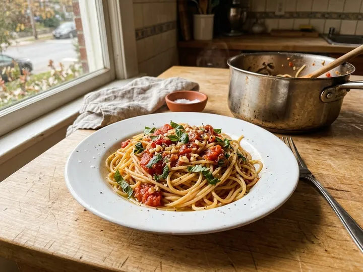 Ilustración de marca de un bol de pasta con tomate y albahaca