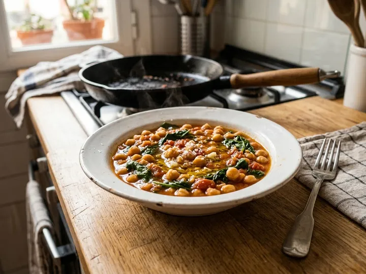 Ilustración de marca de un guiso de garbanzos con tomate y espinacas