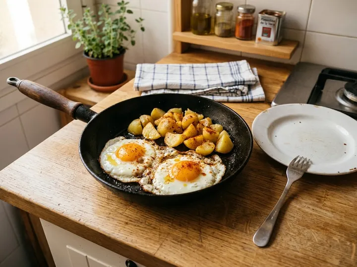 Ilustración de marca de una sartén con patatas doradas y huevos fritos