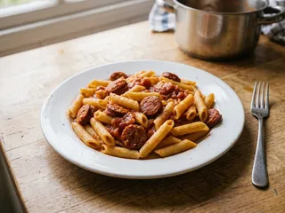 Ilustración de marca de un bol de macarrones con tomate y chorizo