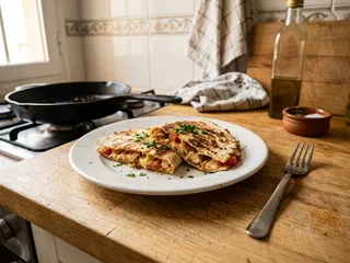 Ilustración de marca de una sartén con quesadillas de pollo y queso