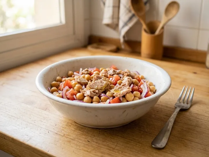 Ilustración de marca de un bol de ensalada de garbanzos y atún