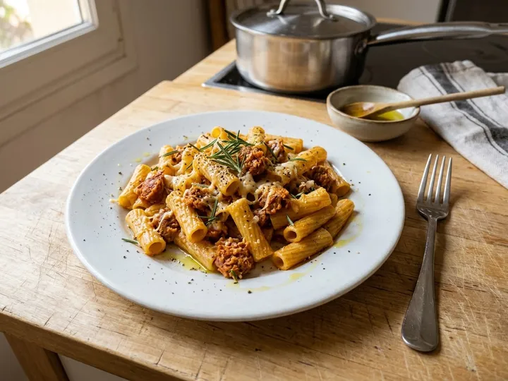 Ilustración de marca de un bol de pasta con sobrasada y queso