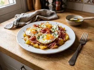Ilustración de marca de una sartén con huevos rotos y jamón