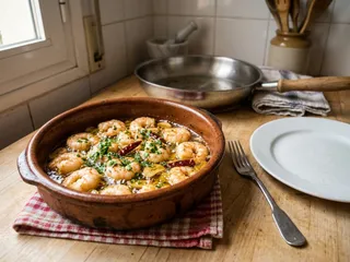Ilustración de marca de una cazuela con gambas al ajillo