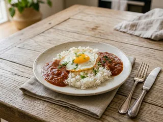 Plato de arroz a la cubana con huevo y plátano