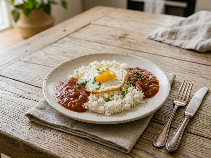 Plato de arroz a la cubana con huevo y plátano