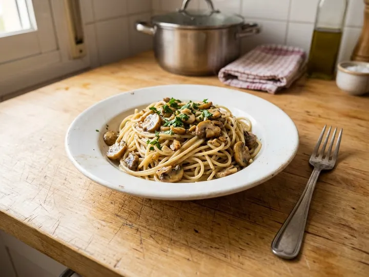 Ilustración de marca de un bol de pasta con nata y champiñones