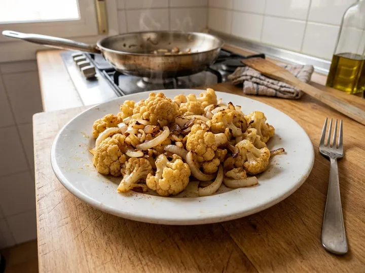Ilustración de marca de una sartén con coliflor y cebolla pochada
