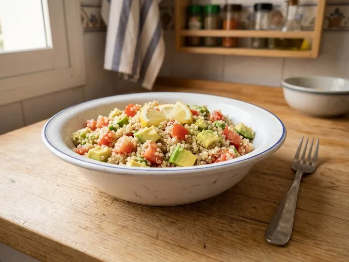 Ilustración de marca de un bol de ensalada de quinoa y aguacate