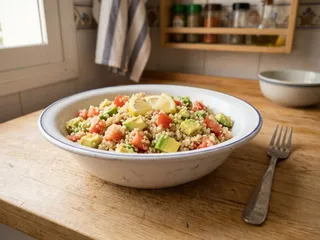 Ilustración de marca de un bol de ensalada de quinoa y aguacate