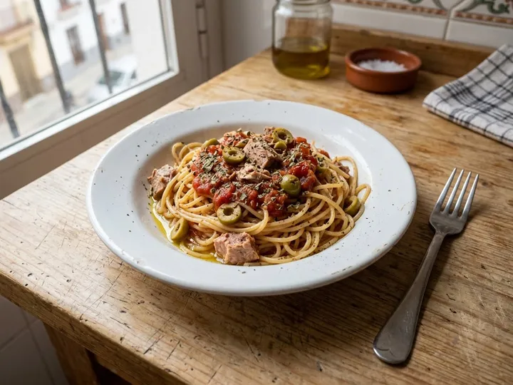 Ilustración de marca de un bol de pasta con atún y aceitunas