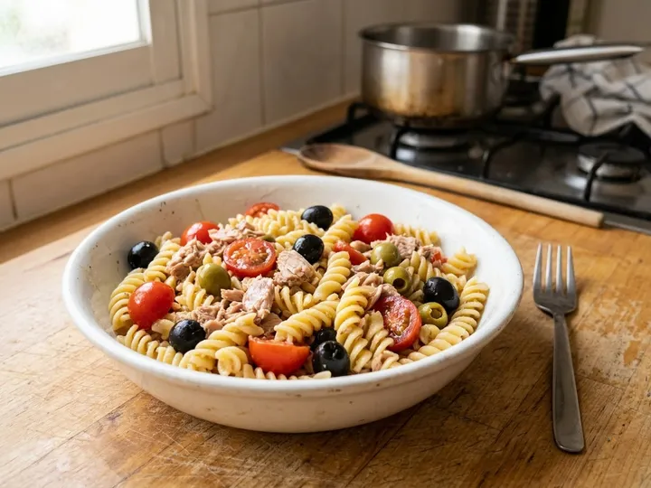 Ilustración de marca de un bol de ensalada de pasta con atún