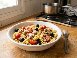 Ilustración de marca de un bol de ensalada de pasta con atún