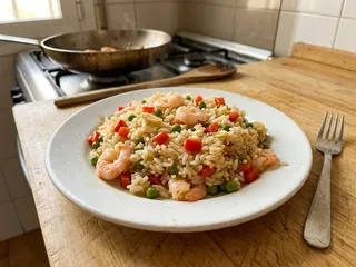 Ilustración de marca de una sartén con arroz, verduras y gambas