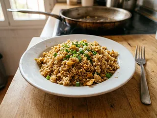 Ilustración de marca de una sartén con arroz salteado, huevo y soja