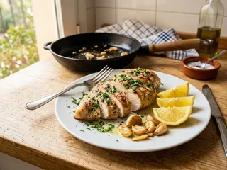 Ilustración de marca de una plancha con filetes de pollo al limón