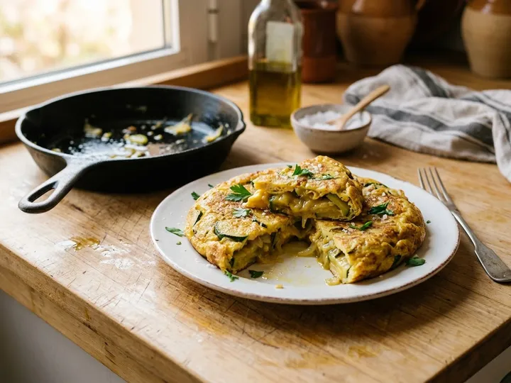 Ilustración de marca de una sartén con una tortilla de calabacín