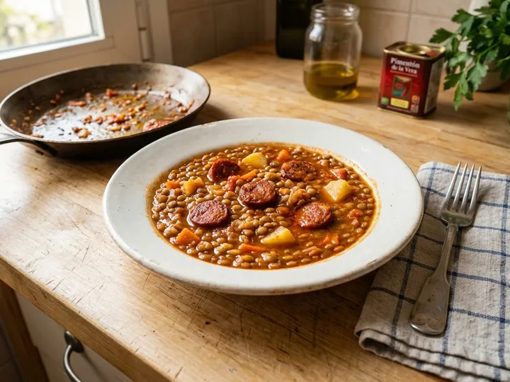 Ilustración de marca de un guiso de lentejas con tomate y chorizo