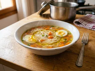 Ilustración de marca de un bol de sopa de fideos con huevo