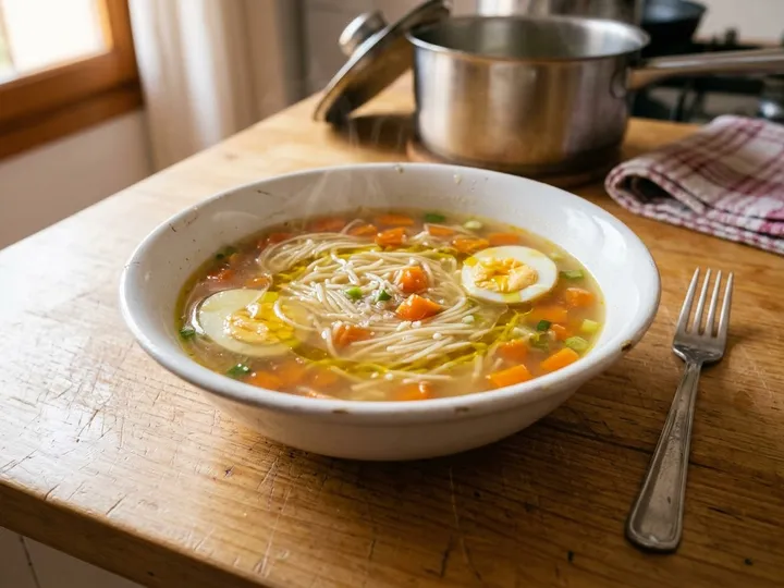 Ilustración de marca de un bol de sopa de fideos con huevo