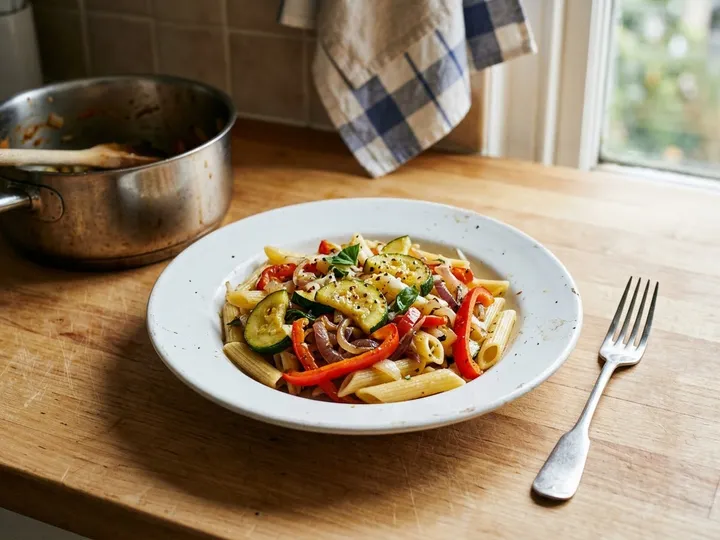 Ilustración de marca de un bol de pasta con verduras salteadas