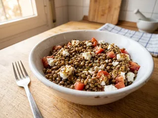 Ilustración de marca de un bol de ensalada de lentejas y queso de cabra