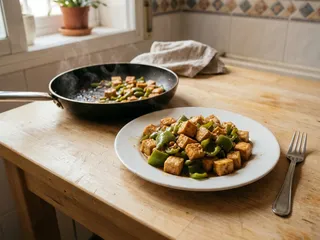 Ilustración de marca de una sartén con tofu salteado con soja