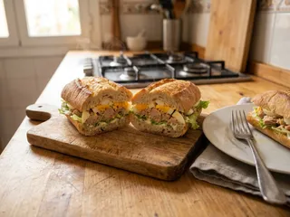 Ilustración de marca de una tabla con un bocadillo de atún y huevo