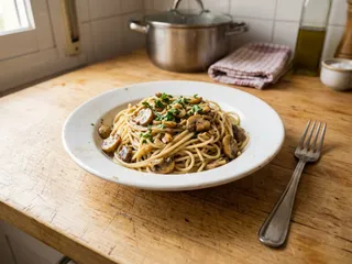 Ilustración de marca de un bol de pasta con nata y champiñones