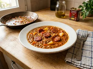 Ilustración de marca de un guiso de lentejas con tomate y chorizo