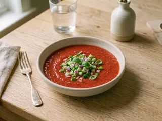 Jarra y un vaso de gazpacho