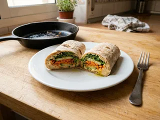 Ilustración de marca de una tabla con wraps de hummus y verduras